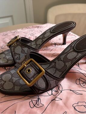 Coach Brown Logo-Print Heeled Slide with Gold Buckle